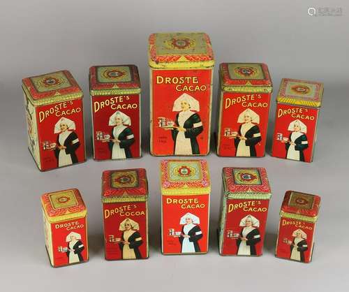 Ten several old Droste cocoa tins. 20th century. Size: