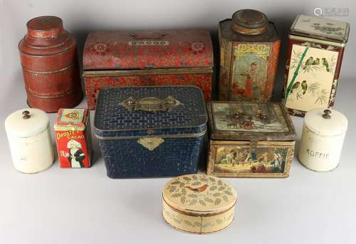 Lot old / antique storage containers, including Droste.