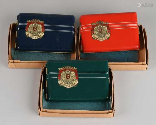 Three antique Belgian enameled tin cigarette boxes in