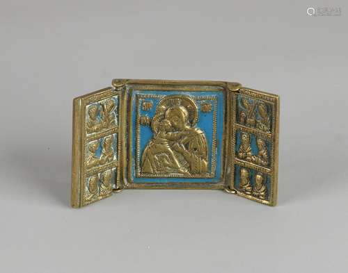 19th Century Russian bronze triptych icon with enamel.