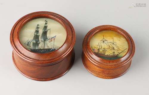 Two mahogany lid boxes with behind-glass paintings.