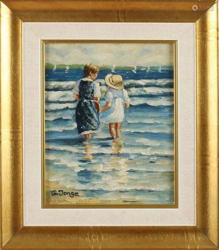 G. Young. 21st century. Two children in the surf. Oil