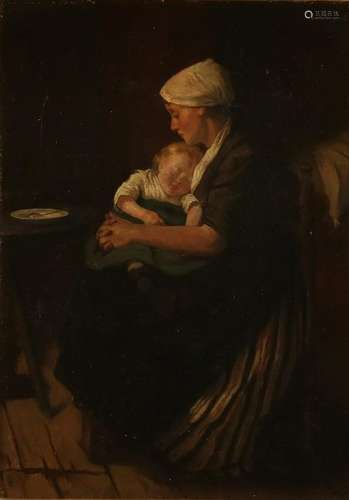 Signed Artz. 1871 Mother with sleeping child. Oil on