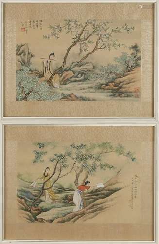 Two old Chinese watercolors. Signed. Geishas in