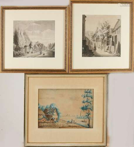 Three 19th century watercolors. Dutch School. Twice