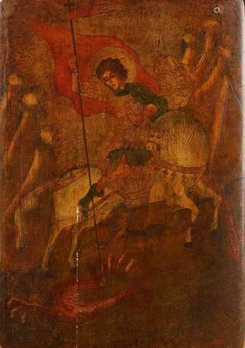 Old decorative hand-painted icon. St. George and the