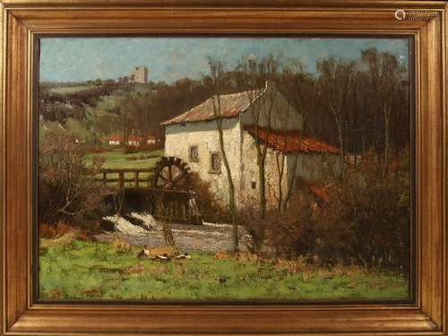 Chris Hammes. 1872 - 1965. Water mill with ducks along