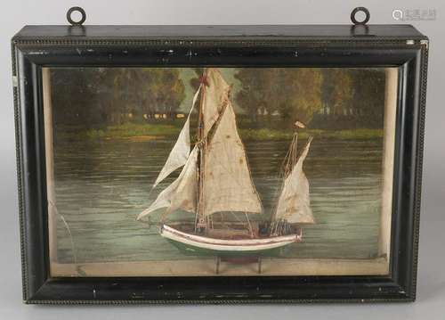 Antique diorama. Circa 1920. Wooden model boat display,