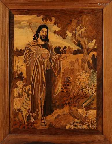 Wood intarsia religious artwork. Christ as a shepherd.