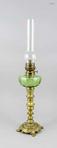 Antique oil lamp with brass base and green crystal