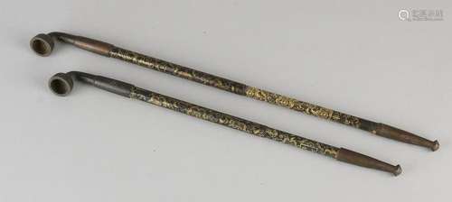 Two ancient Chinese gold extendable opium pipes. Size: