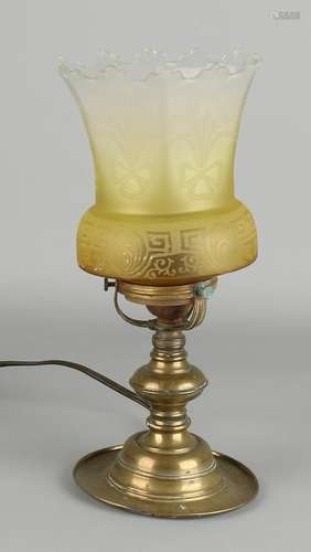 Antique brass table lamp with etched frosted glass