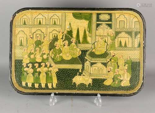 Persian painted wooden tray with figures decor. 20th