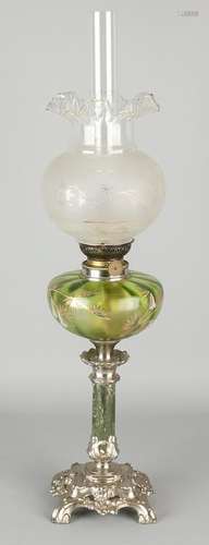 Antique petroleum lamp with hand-painted glass