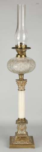 Large antique kerosene lamp with crystal glass