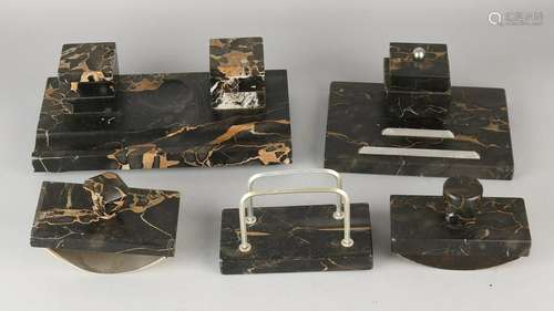 Five-piece marble Art Deco desk set. Circa 1930. Size: