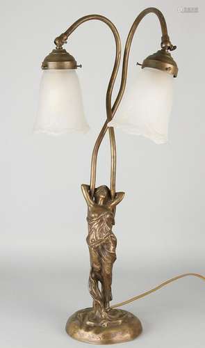 Large art nouveau-style bronze table lamp with wife and