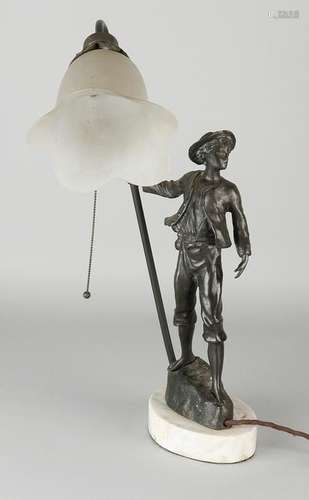 Large bronze table lamp with marble base, porcelain