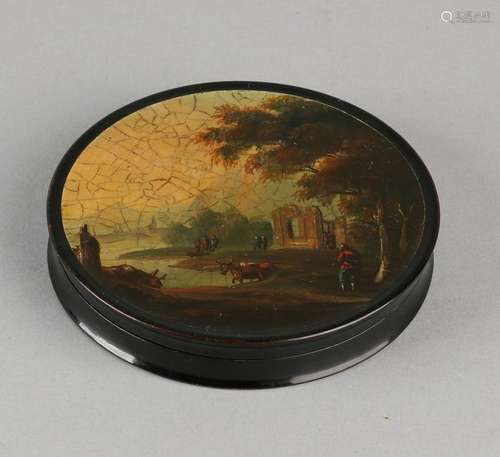 Antique round lid box with hand painted landscape scene