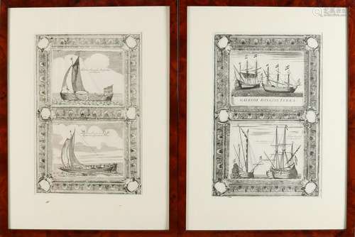 Two antique engravings of Dutch ships. In walnut table.