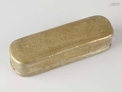 18th Century brass tobacco box engraved with coaches