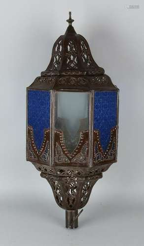 Oriental metal hanging lamp with colored glass. Size: