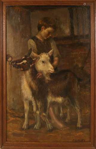 Dirk Jansen. 1878 - 1952. Boy with goats. Oil on linen.