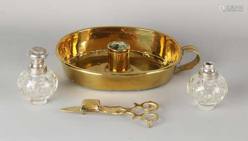 18th - 19th Century brass candlestick and two crystal