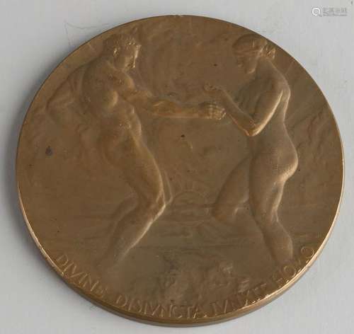 Bronze medal with front image of naked man and woman