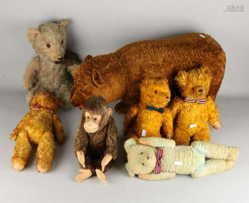 Seven old teddy toy animals. Consisting of six teddy