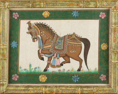 19th Century Persian gouache. Harness horse, floral +