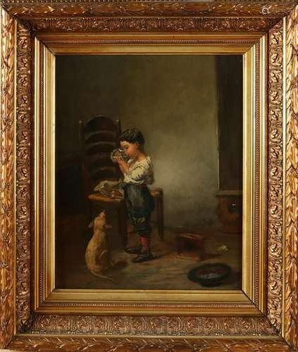 Unclear signed. 19th century. Boy drinks from glass.