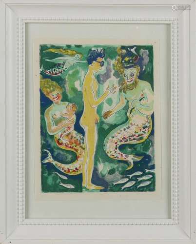 Unsigned. Circa 1950. Naked man with mermaids. Aquatint