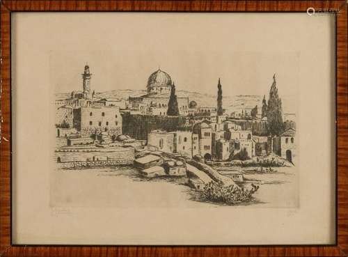 J. Eisenberg? Circa 1930. Etching. View of Jerusalem.