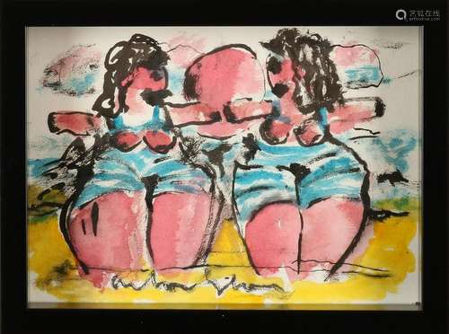 Anton Heyboer. 1924 - 2005. Big girls on beach. Oil on