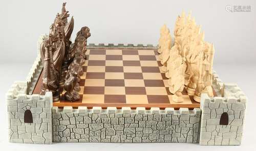 Gothic ceramic chess set casing and containing a wooden