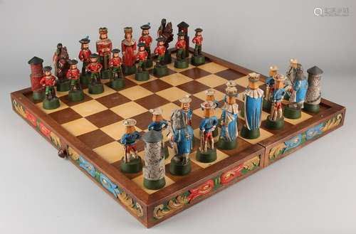 Rare large Hungarian wood carved chess. Handpainted.