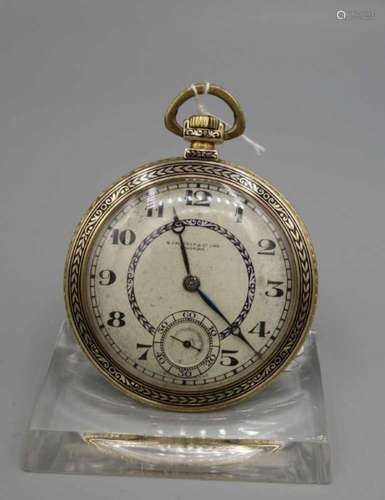 ART DÉCO TASCHENUHR MIT EMAILLIERTEM GOLDGEHÄUSE / golden pocket watch, 1. H. 20. Jh., Handaufzug (