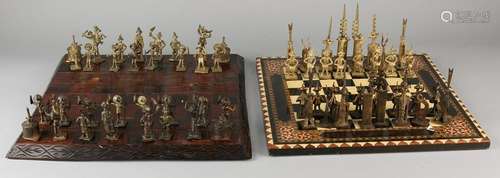 Two chess games: 1x Bronze figures with hand-put