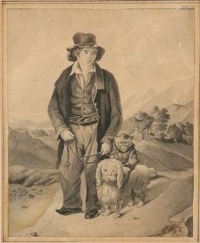 Monogram N. H. Fecit. 1873. Man with dog and monkey in