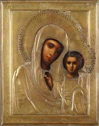 19th Century Russian icon. Mary with baby Jesus. Copper