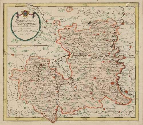 German 18th Century hand-colored map. Herzogthums