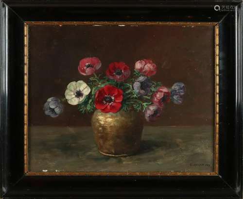 E. van der Ven. Circa 1920. Vase with anemones. Oil on