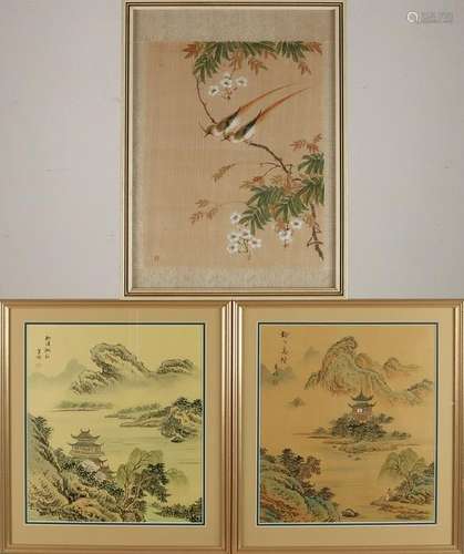 Three ancient Chinese works on silk. Signed. 20th