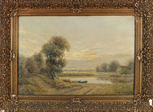 Steggerda. Circa 1930. Landscape with fen and boat. Oil