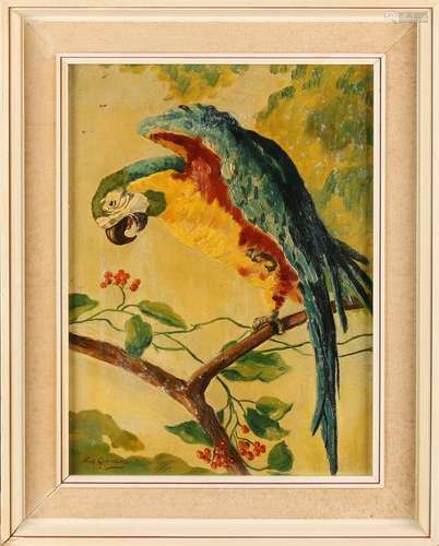 N. v.d basis. Circa 1920, Parrot on branch. Oil on