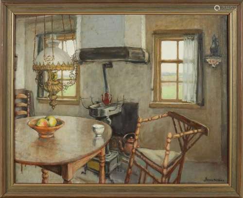 Unclear signed. Circa 1930. Farmers interior. Oil on