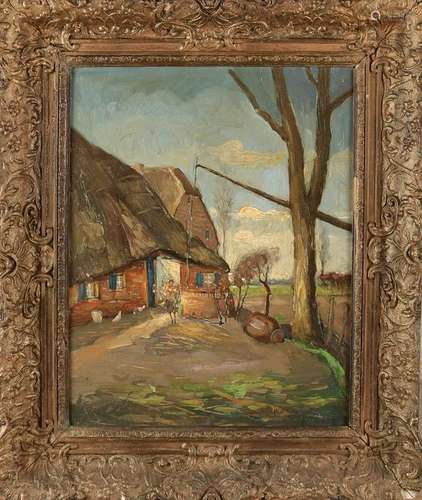 Unsigned. Circa 1930. Farm with well. Oil on linen.