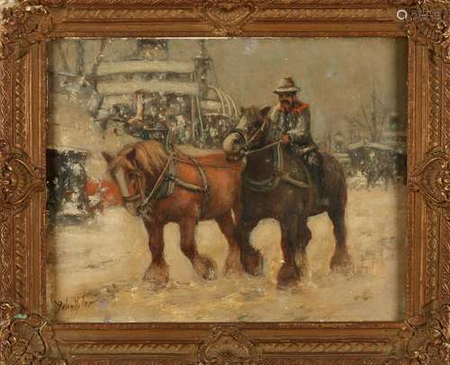 Anton Muller. German School. Draft horse on snowy quay.