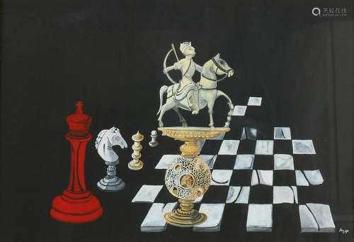 Aad van den Bosch. 1937 -. Chess Presentation. Gouache